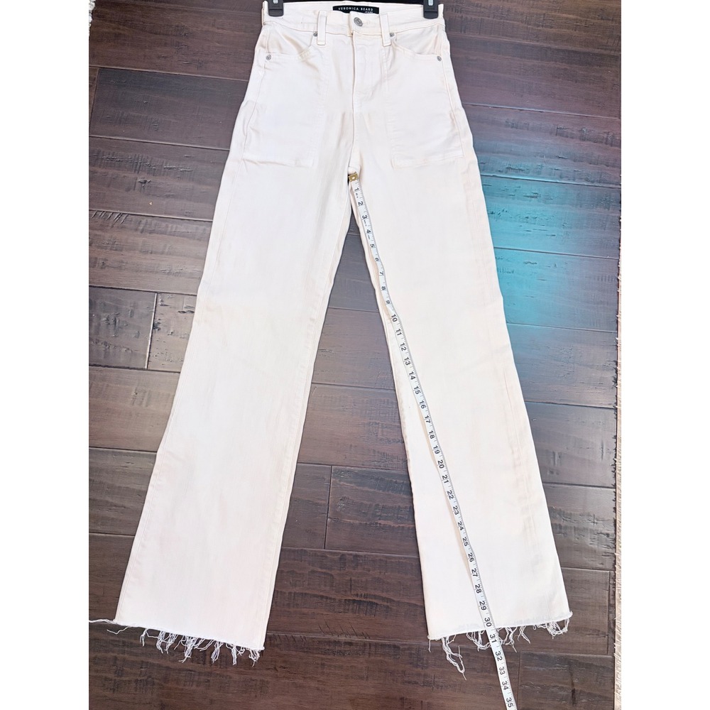 Veronica Beard High Rise Wide Leg Jeans Ecru Off White Patch Pocket Raw Hem 25 - Picture 6 of 7